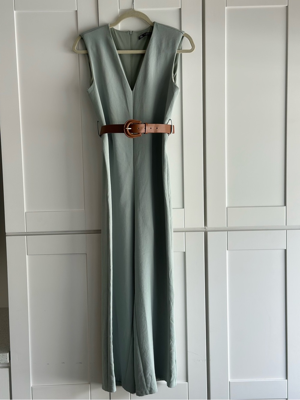 Zara Sage Green Wide Leg Belted Jumpsuit Shoulder Pads NWOT